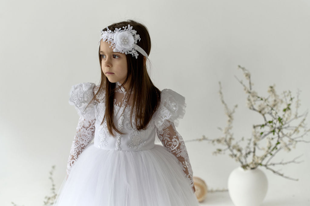 White Toddler Christening Dress with Lace Ruffle and Sheer Back — Puffy Long-Sleeve Baptism Gown