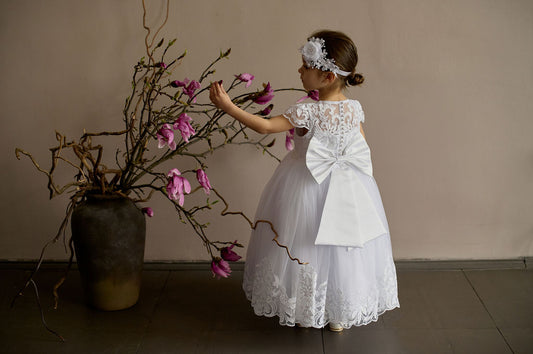 White Christening & Flower Girl Dress for Toddler — Puffy Short-Sleeve Lace Gown with Bow and Sheer Back