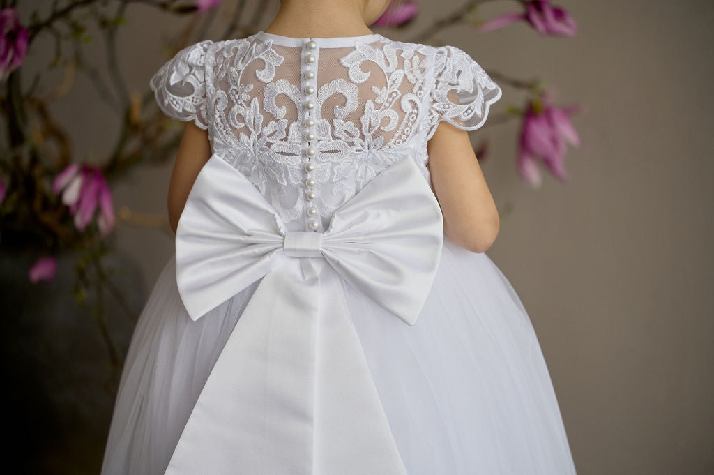 White Christening & Flower Girl Dress for Toddler — Puffy Short-Sleeve Lace Gown with Bow and Sheer Back