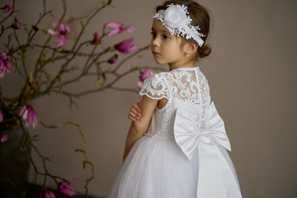 White Christening & Flower Girl Dress for Toddler — Puffy Short-Sleeve Lace Gown with Bow and Sheer Back