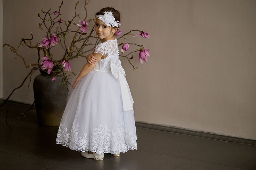 White Christening & Flower Girl Dress for Toddler — Puffy Short-Sleeve Lace Gown with Bow and Sheer Back