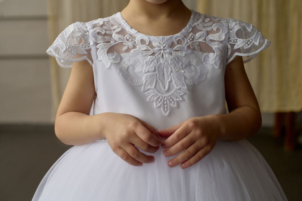 White Christening & Flower Girl Dress for Toddler — Puffy Short-Sleeve Lace Gown with Bow and Sheer Back