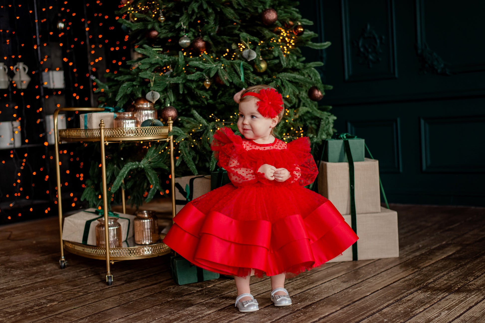 Red Toddler Christmas Dress with Polka Dots — Long-Sleeve Festive Puffy Dress for Girls