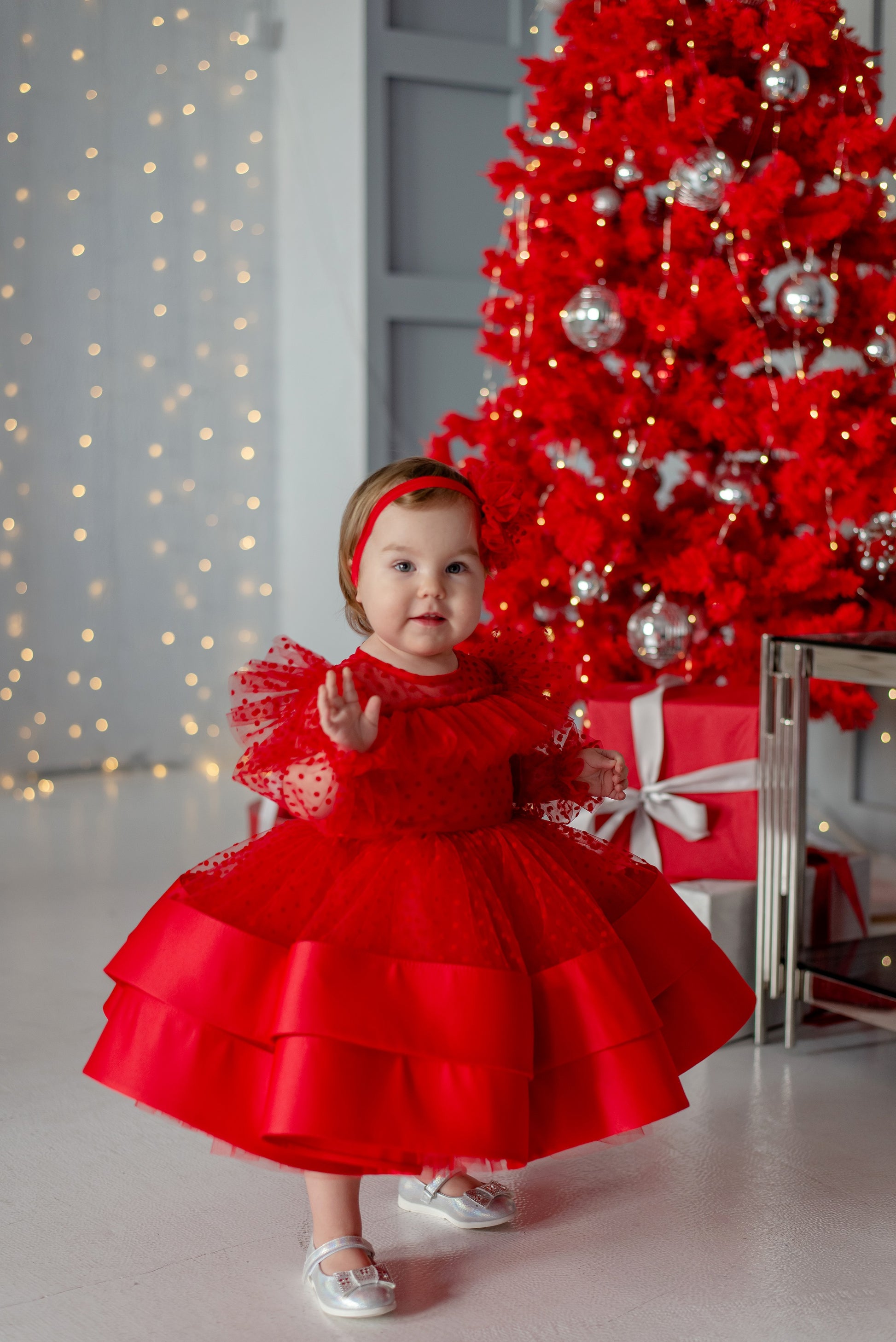 Red Toddler Christmas Dress with Polka Dots — Long-Sleeve Festive Puffy Dress for Girls