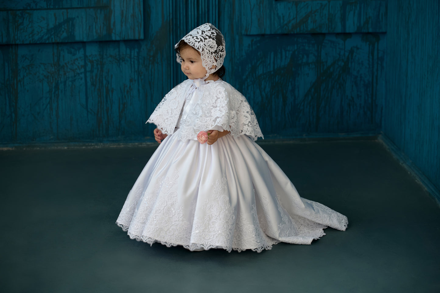 Satin baby girl baptism dress with lace train – Yasya Baptism Dress handmade christening gown