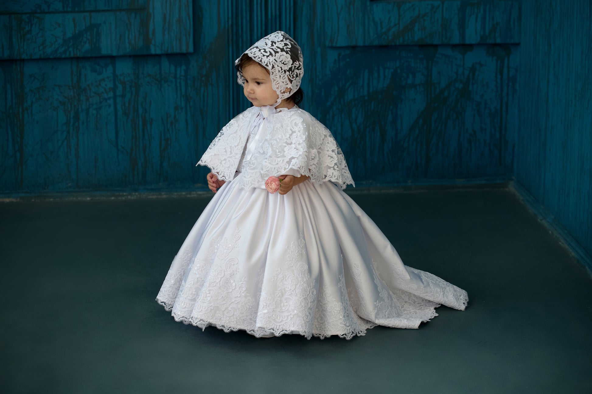 Satin baby girl baptism dress with lace train – Yasya Baptism Dress handmade christening gown