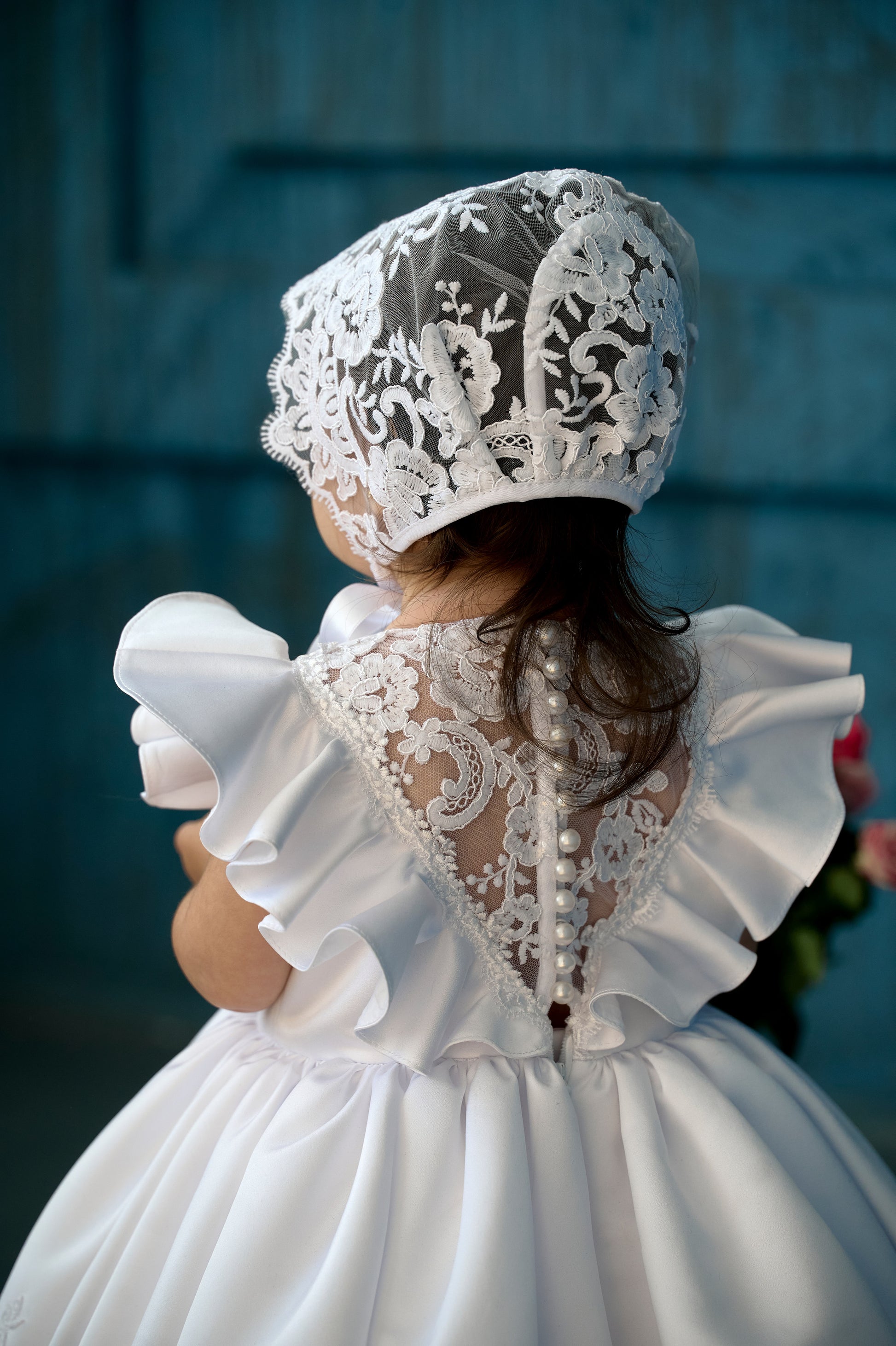 Satin baby girl baptism dress with lace train – Yasya Baptism Dress handmade christening gown