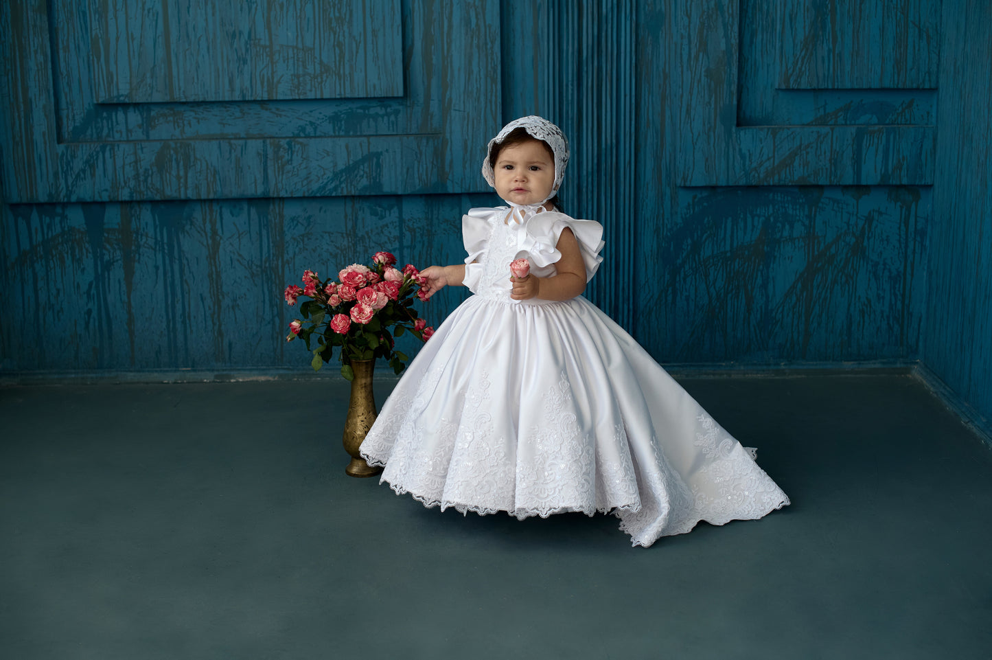 Satin baby girl baptism dress with lace train – Yasya Baptism Dress handmade christening gown