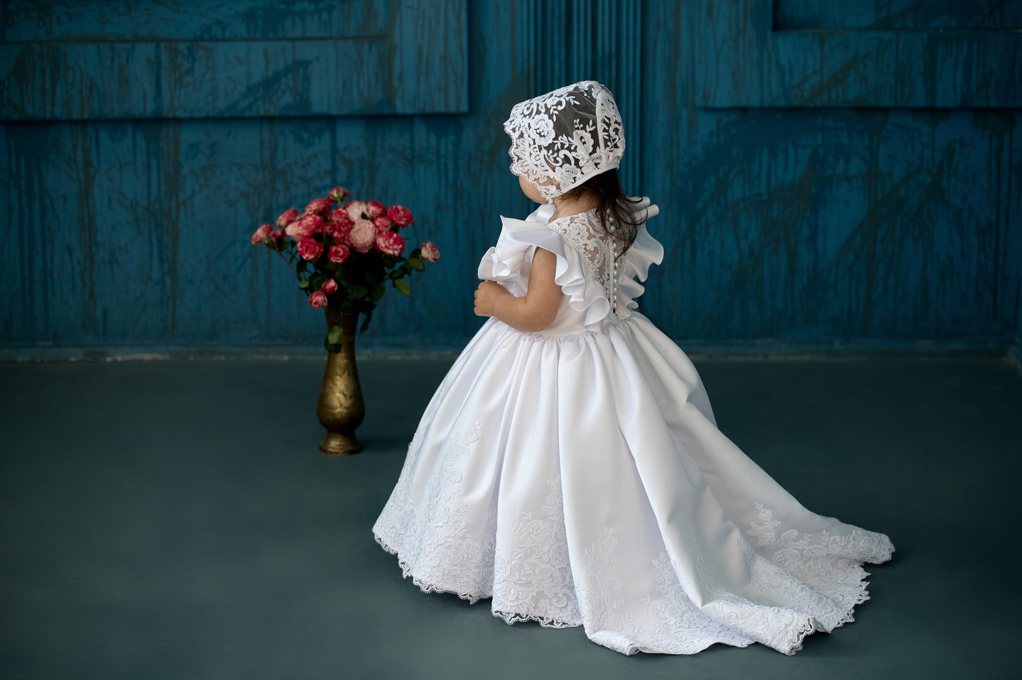 Satin baby girl baptism dress with lace train – Yasya Baptism Dress handmade christening gown