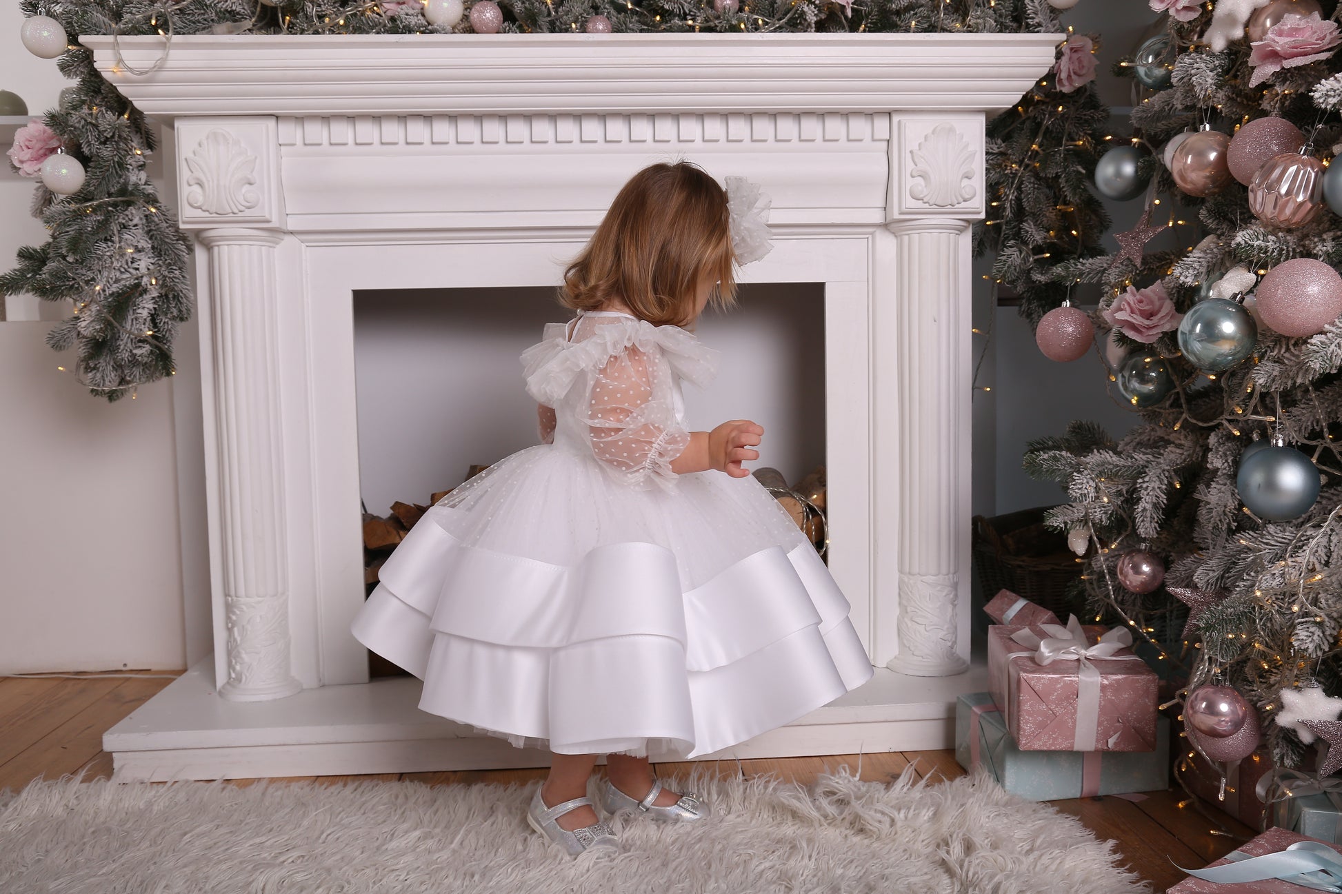 White Toddler Christmas Dress with Polka Dots — Long-Sleeve Puffy Tulle Dress for Any Celebratio
