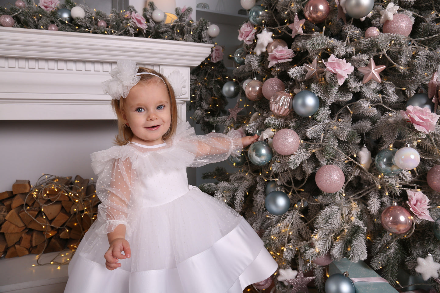 White Toddler Christmas Dress with Polka Dots — Long-Sleeve Puffy Tulle Dress for Any Celebratio