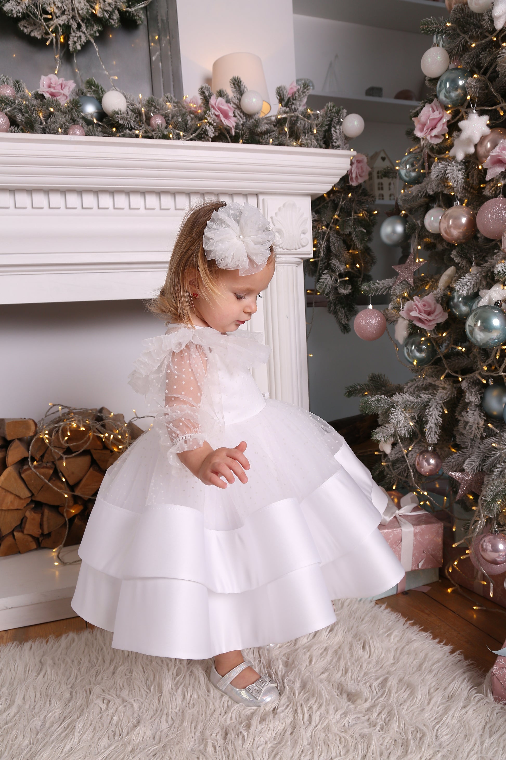 White Toddler Christmas Dress with Polka Dots — Long-Sleeve Puffy Tulle Dress for Any Celebratio