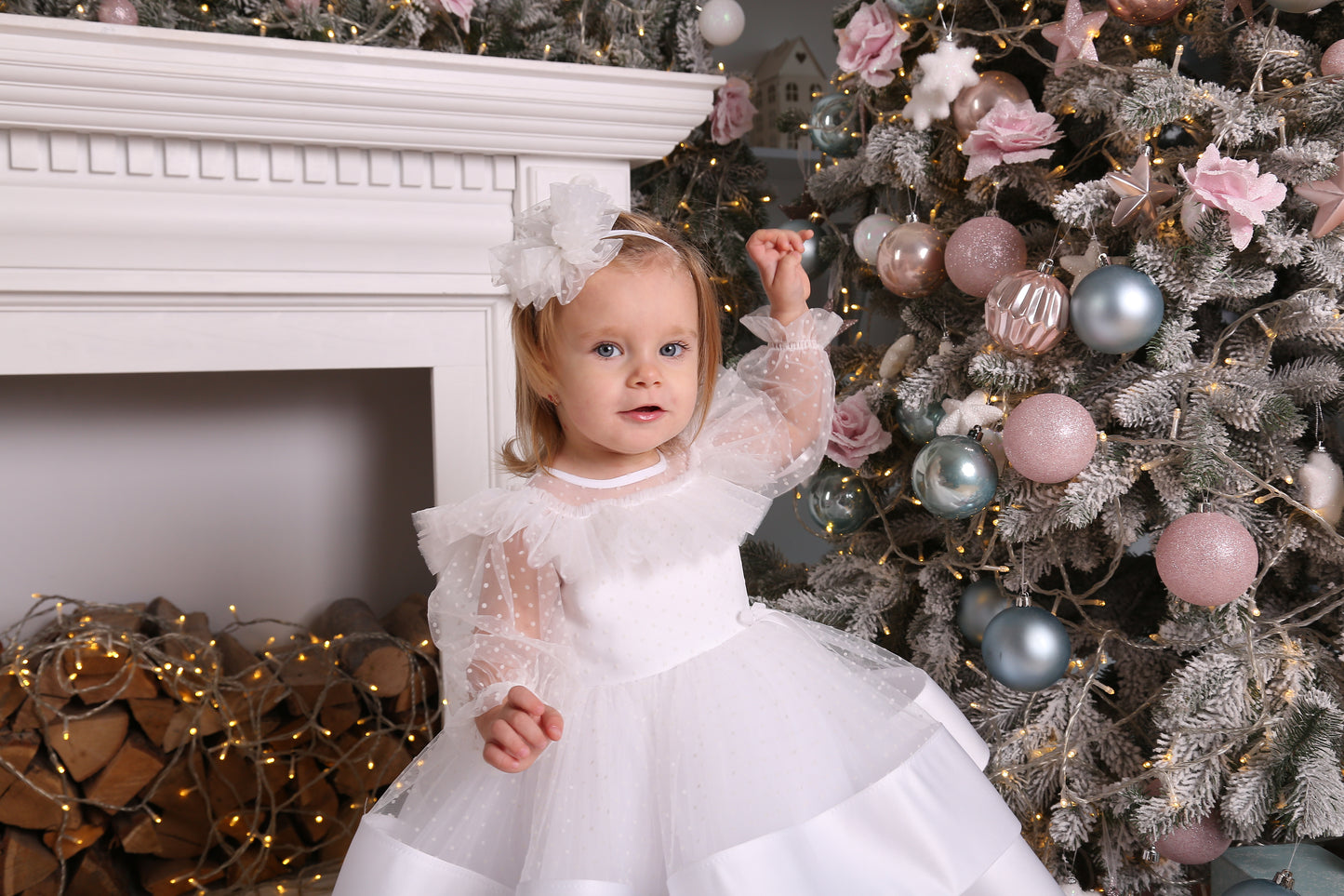 White Toddler Christmas Dress with Polka Dots — Long-Sleeve Puffy Tulle Dress for Any Celebratio