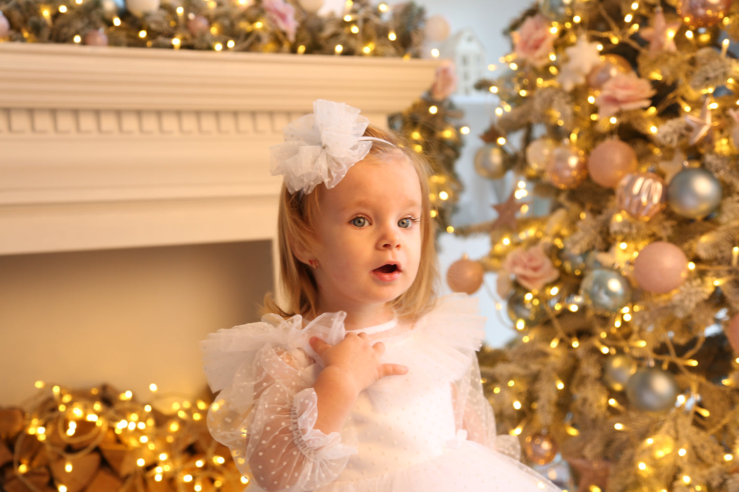 White Toddler Christmas Dress with Polka Dots — Long-Sleeve Puffy Tulle Dress for Any Celebratio