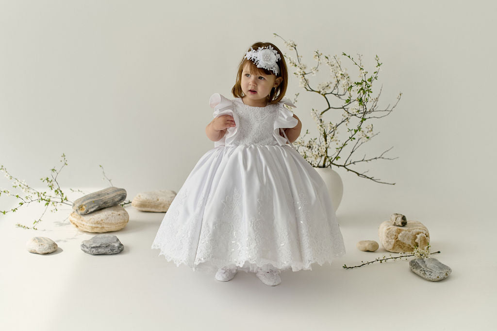 White Satin Christening & Baptism Dress — Classic Lace Gown with Ruffle, Sheer Back & Bow | Communion & Birthday Outfit