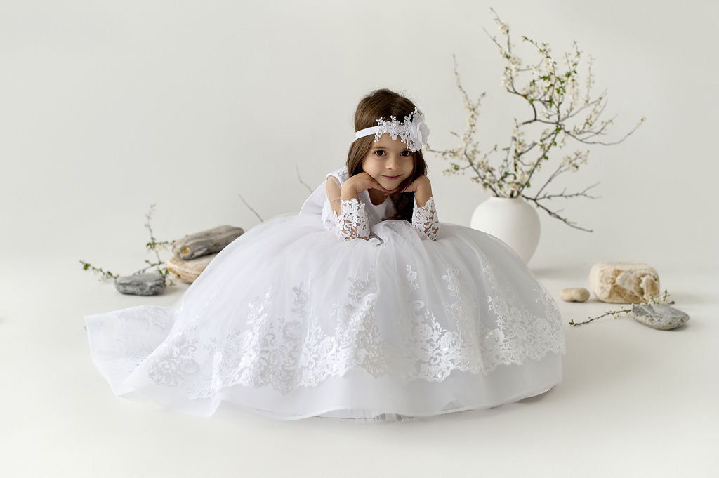 White Christening & Communion Dress with Train — Long-Sleeve Lace Gown with Sheer Back and Bow for Baby & Toddler Girls