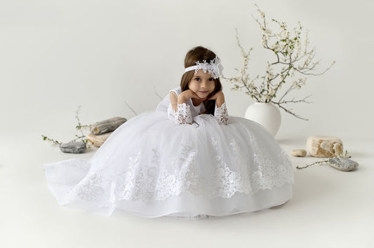 White Christening & Communion Dress with Train — Long-Sleeve Lace Gown with Sheer Back and Bow for Baby & Toddler Girls