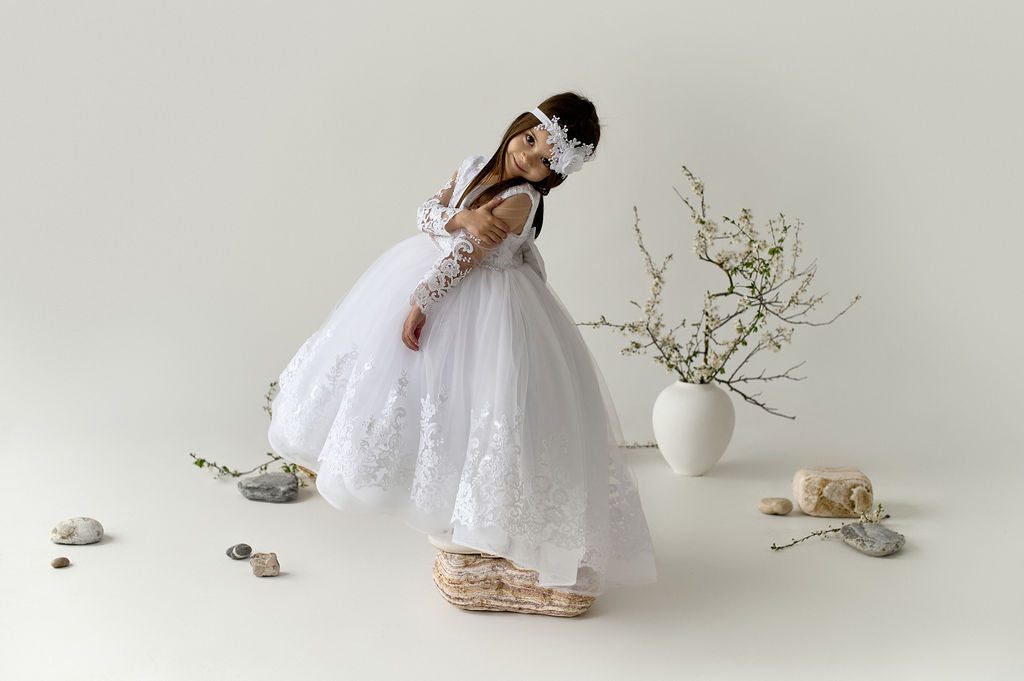 White Christening & Communion Dress with Train — Long-Sleeve Lace Gown with Sheer Back and Bow for Baby & Toddler Girls