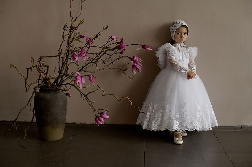 White Toddler Christening Dress with Lace Ruffle and Sheer Back — Puffy Long-Sleeve Baptism Gown