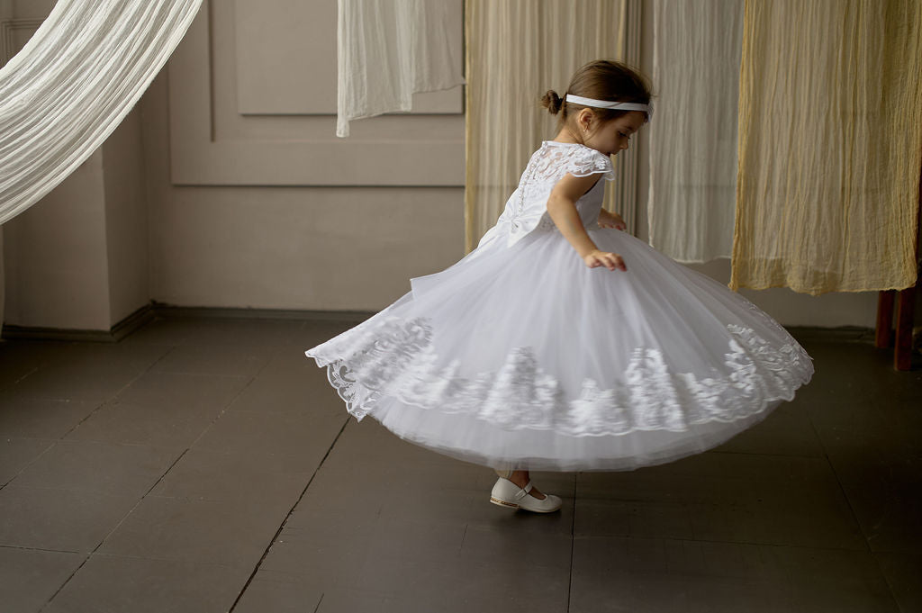 White Christening & Flower Girl Dress for Toddler — Puffy Short-Sleeve Lace Gown with Bow and Sheer Back
