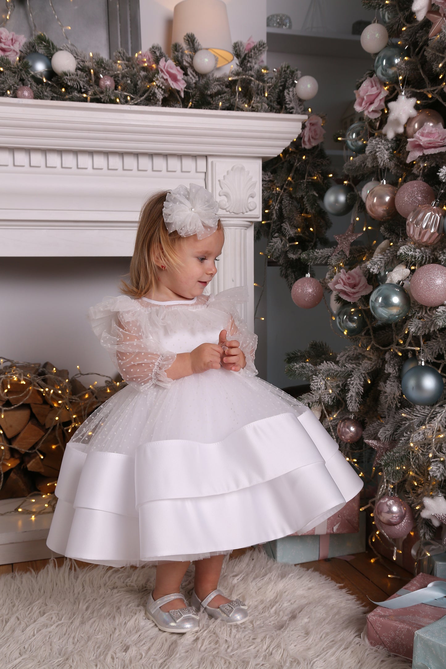 White Toddler Christmas Dress with Polka Dots — Long-Sleeve Puffy Tulle Dress for Any Celebratio