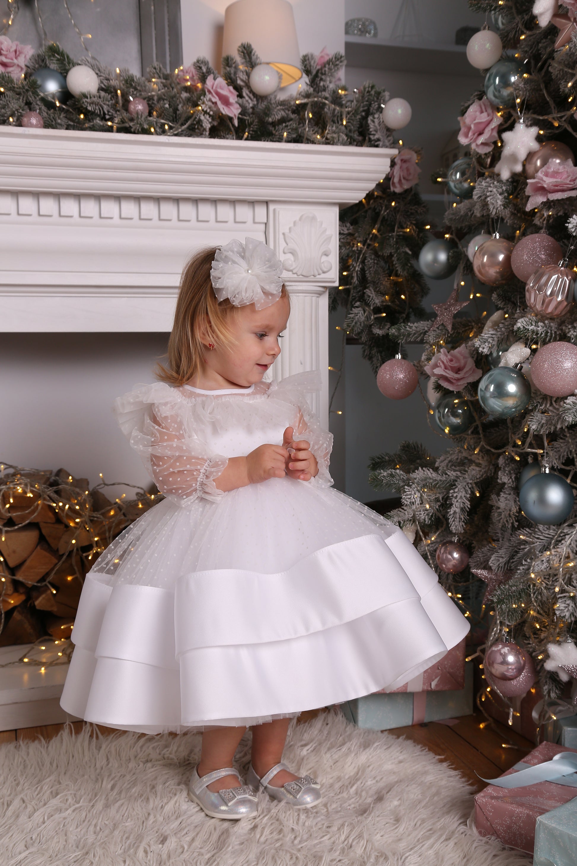 White Toddler Christmas Dress with Polka Dots — Long-Sleeve Puffy Tulle Dress for Any Celebratio