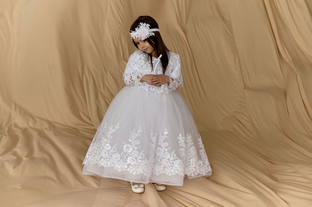 White Christening & Communion Dress with Train — Long-Sleeve Lace Gown with Sheer Back and Bow for Baby & Toddler Girls