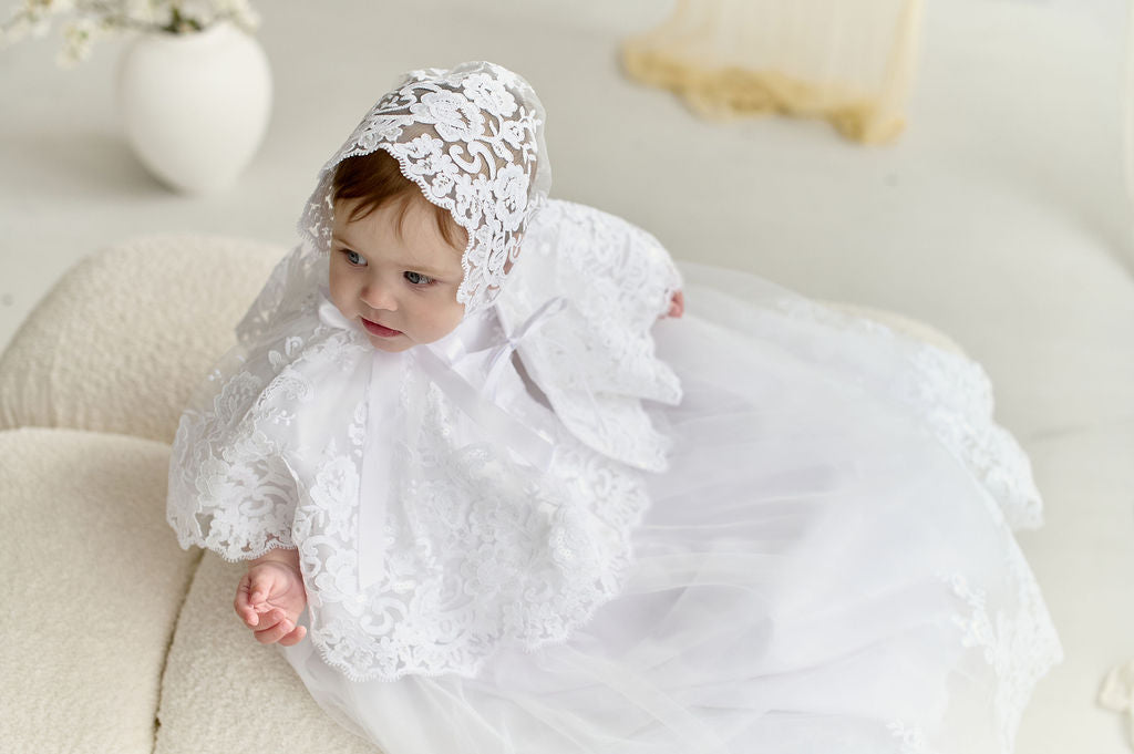 White Long Newborn Christening Dress with Lace Hem and Short Lace Sleeves — Classic Baptism Gown with Matching Bonnet and Accessories