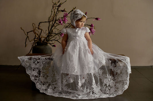 White Newborn Christening Dress Set — 2-in-1 Convertible Baptism Gown with Short Inner Dress and Long Lace Overdress