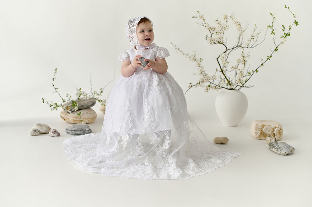 White Newborn Christening Dress Set — 2-in-1 Convertible Baptism Gown with Short Inner Dress and Long Lace Overdress
