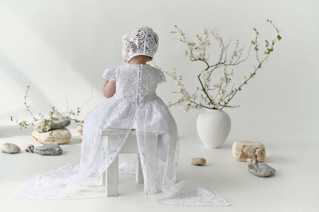 White Newborn Christening Dress Set — 2-in-1 Convertible Baptism Gown with Short Inner Dress and Long Lace Overdress