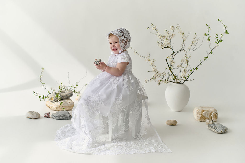 White Newborn Christening Dress Set — 2-in-1 Convertible Baptism Gown with Short Inner Dress and Long Lace Overdress