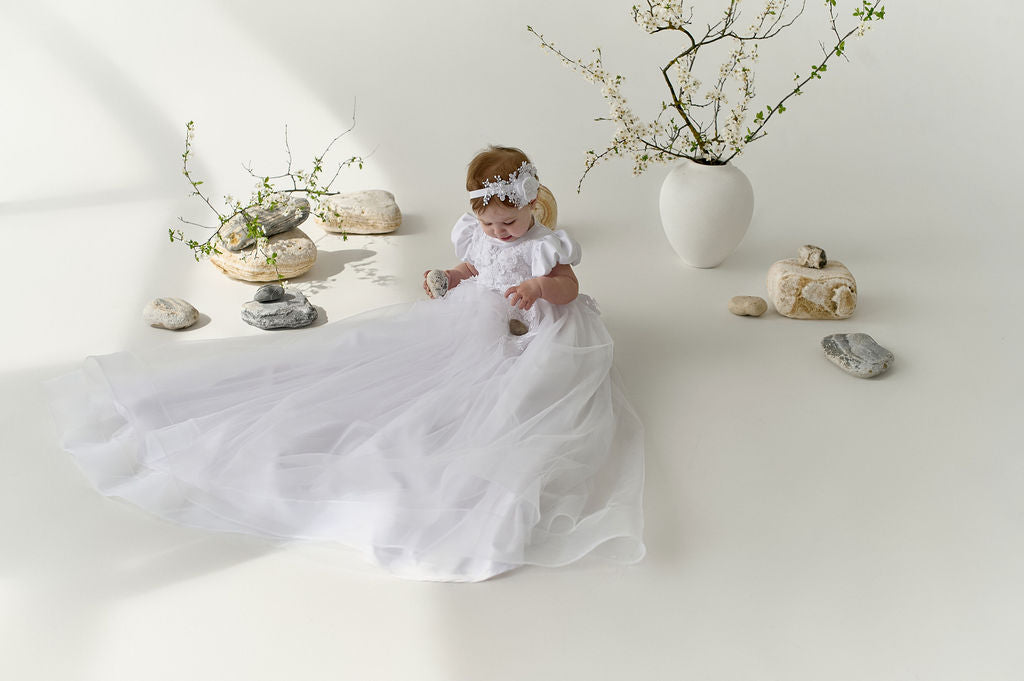 White Newborn Long Christening Dress with Satin Puff Sleeves and Lace Appliqué — Classic Baptism Gown for Baby Girl