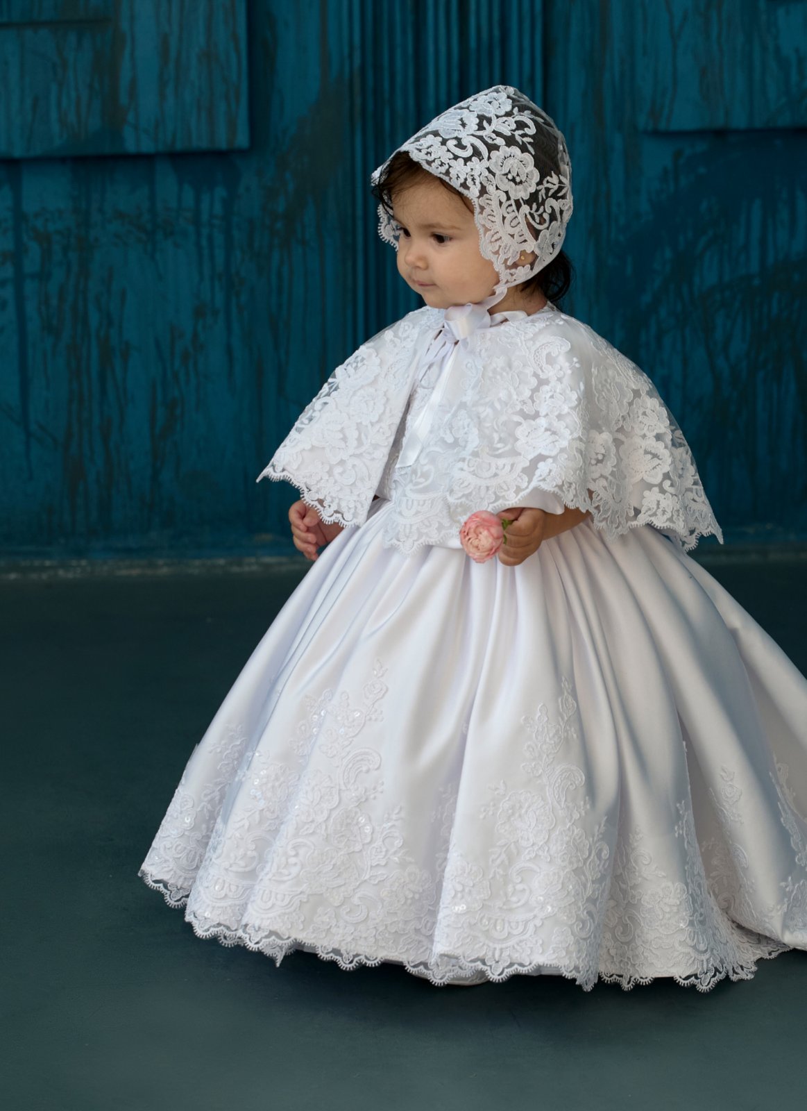 White Satin Christening & Baptism Dress — Classic Lace Gown with Ruffle, Sheer Back & Bow | Communion & Birthday Outfit