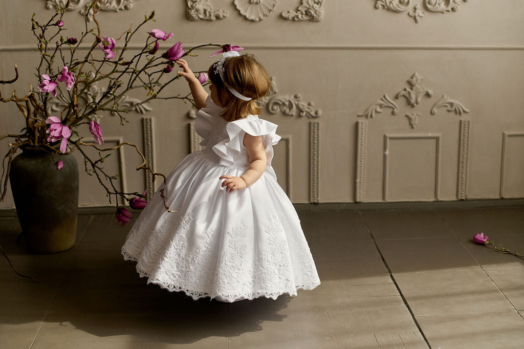 White Satin Christening & Baptism Dress — Classic Lace Gown with Ruffle, Sheer Back & Bow | Communion & Birthday Outfit