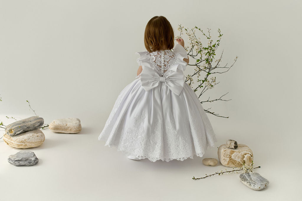 White Satin Christening & Baptism Dress — Classic Lace Gown with Ruffle, Sheer Back & Bow | Communion & Birthday Outfit