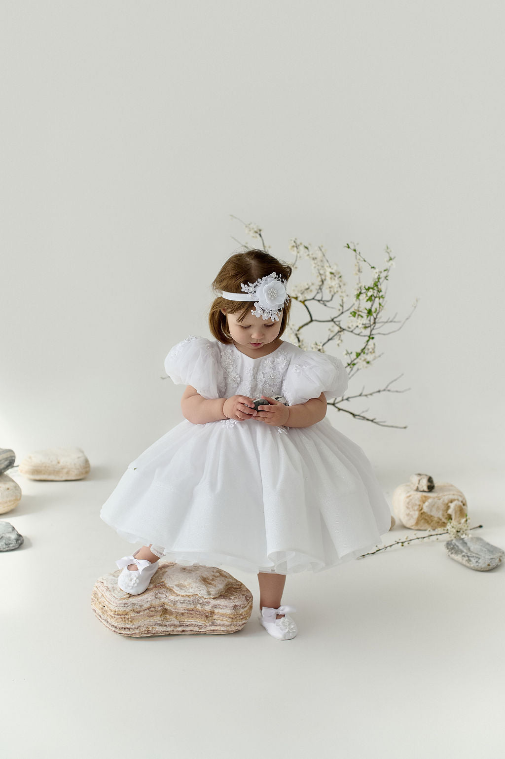 White Sparkly Christening Dress with Hand-Sewn Appliqué — Short Puffy-Sleeve Baptism Dress for Baby Girl