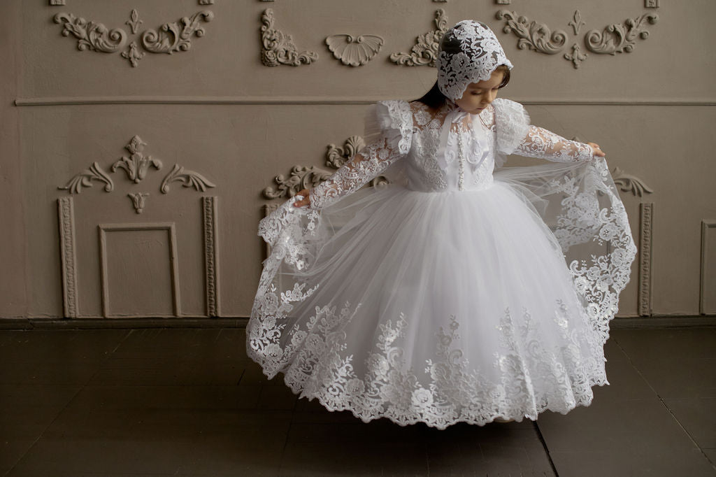 White Toddler Christening Dress with Lace Ruffle and Sheer Back — Puffy Long-Sleeve Baptism Gown