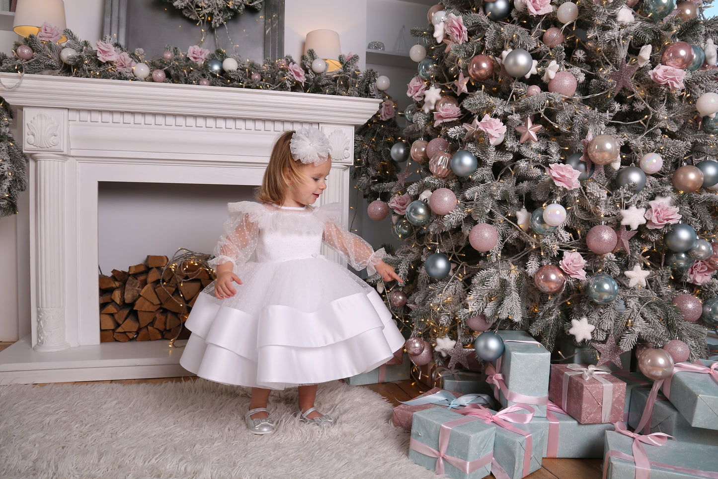 White Toddler Christmas Dress with Polka Dots — Long-Sleeve Puffy Tulle Dress for Any Celebratio