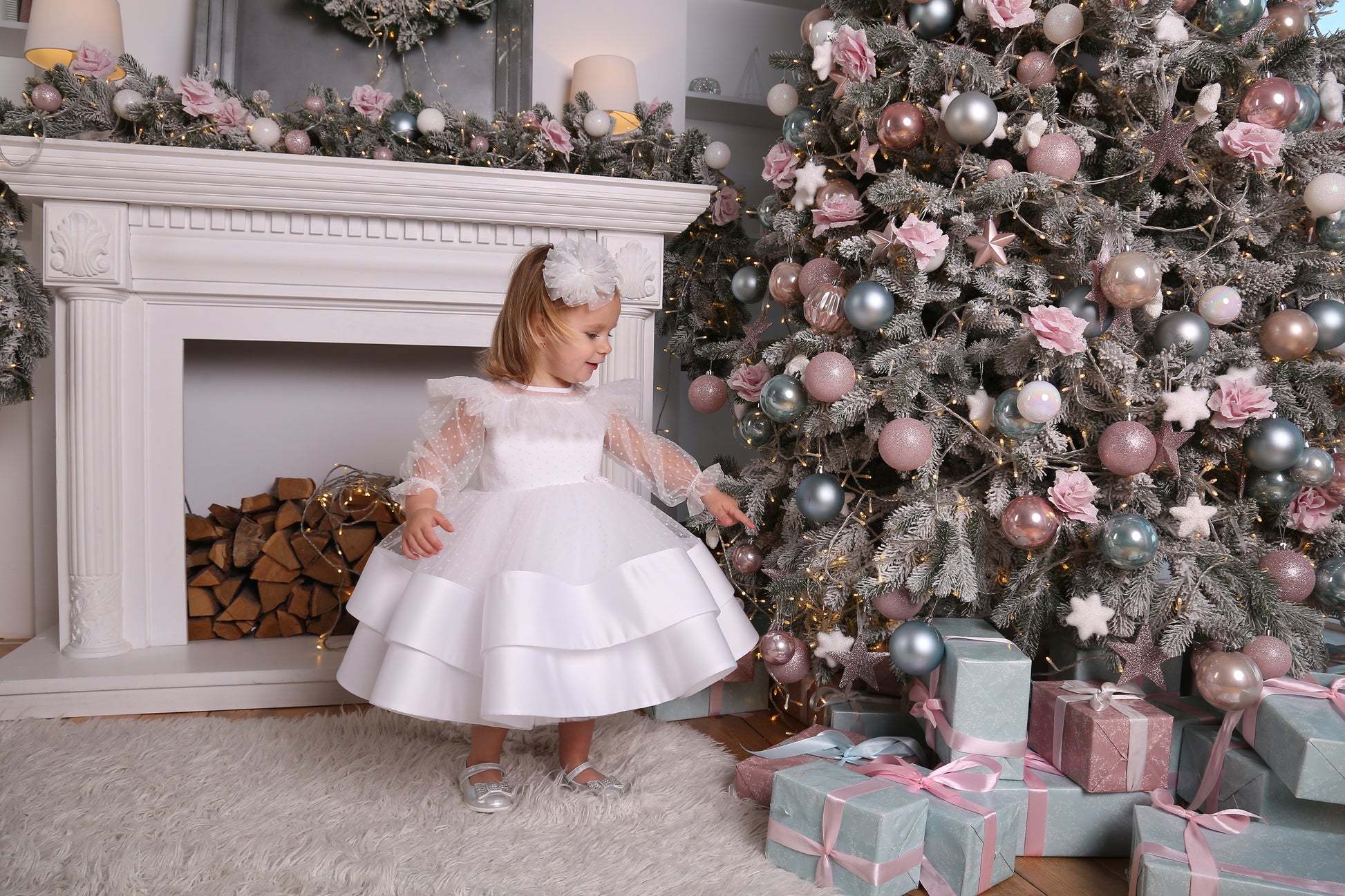 White Toddler Christmas Dress with Polka Dots — Long-Sleeve Puffy Tulle Dress for Any Celebratio