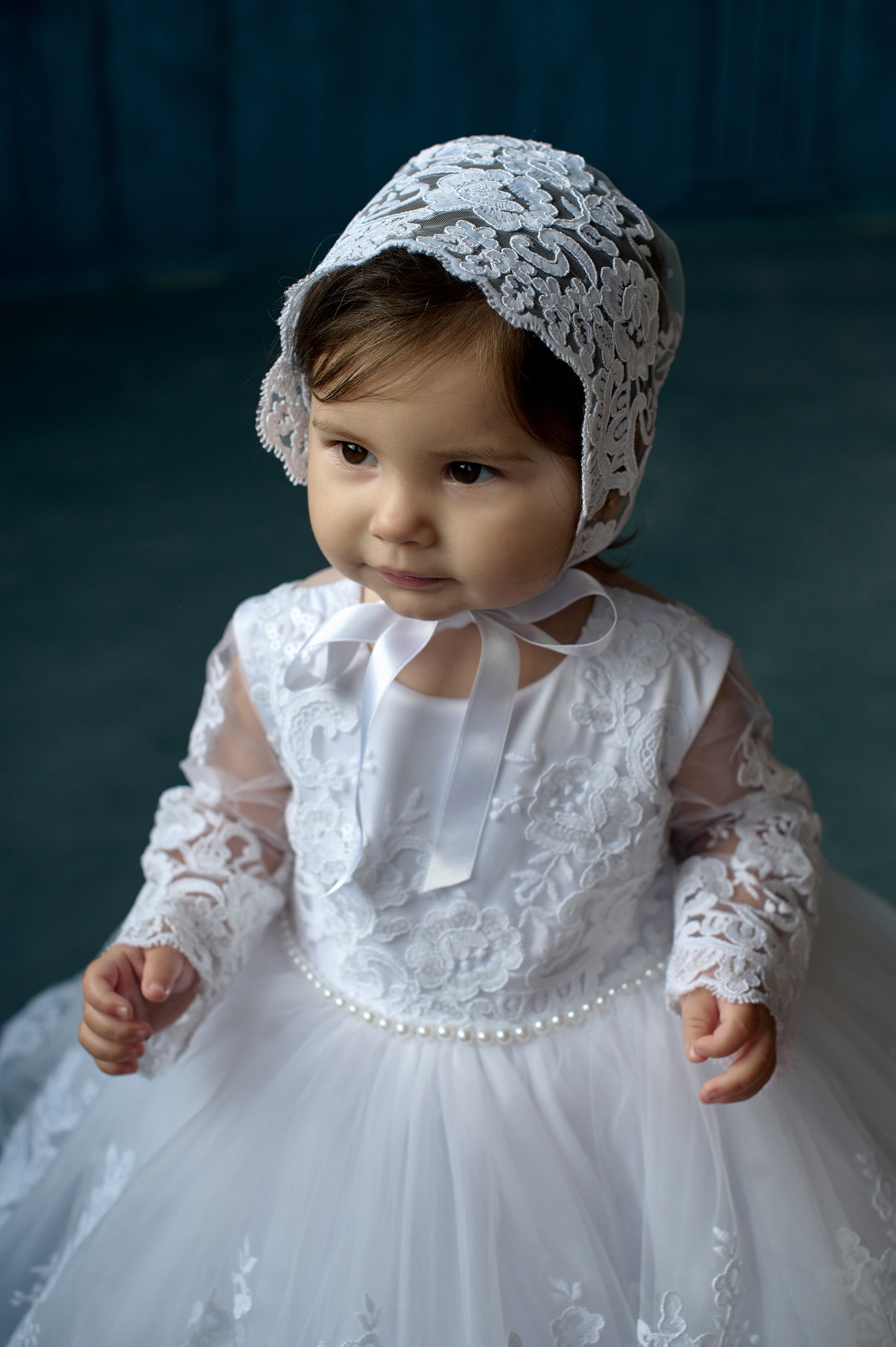 White toddler baptism dress with lace and train – Yasya Baptism Dress