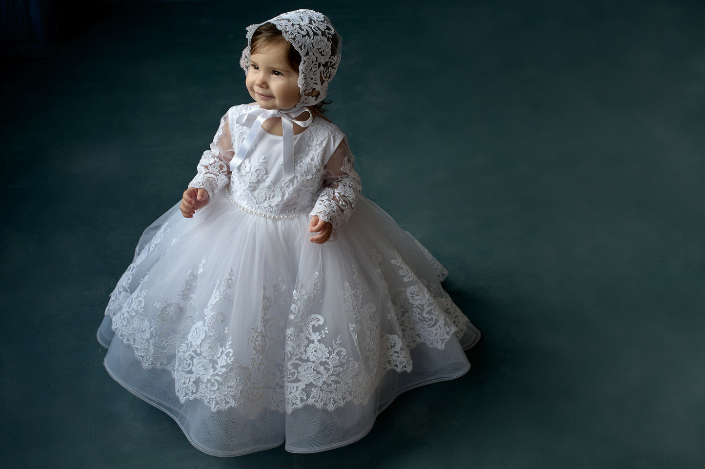 White toddler baptism dress with lace and train – Yasya Baptism Dress