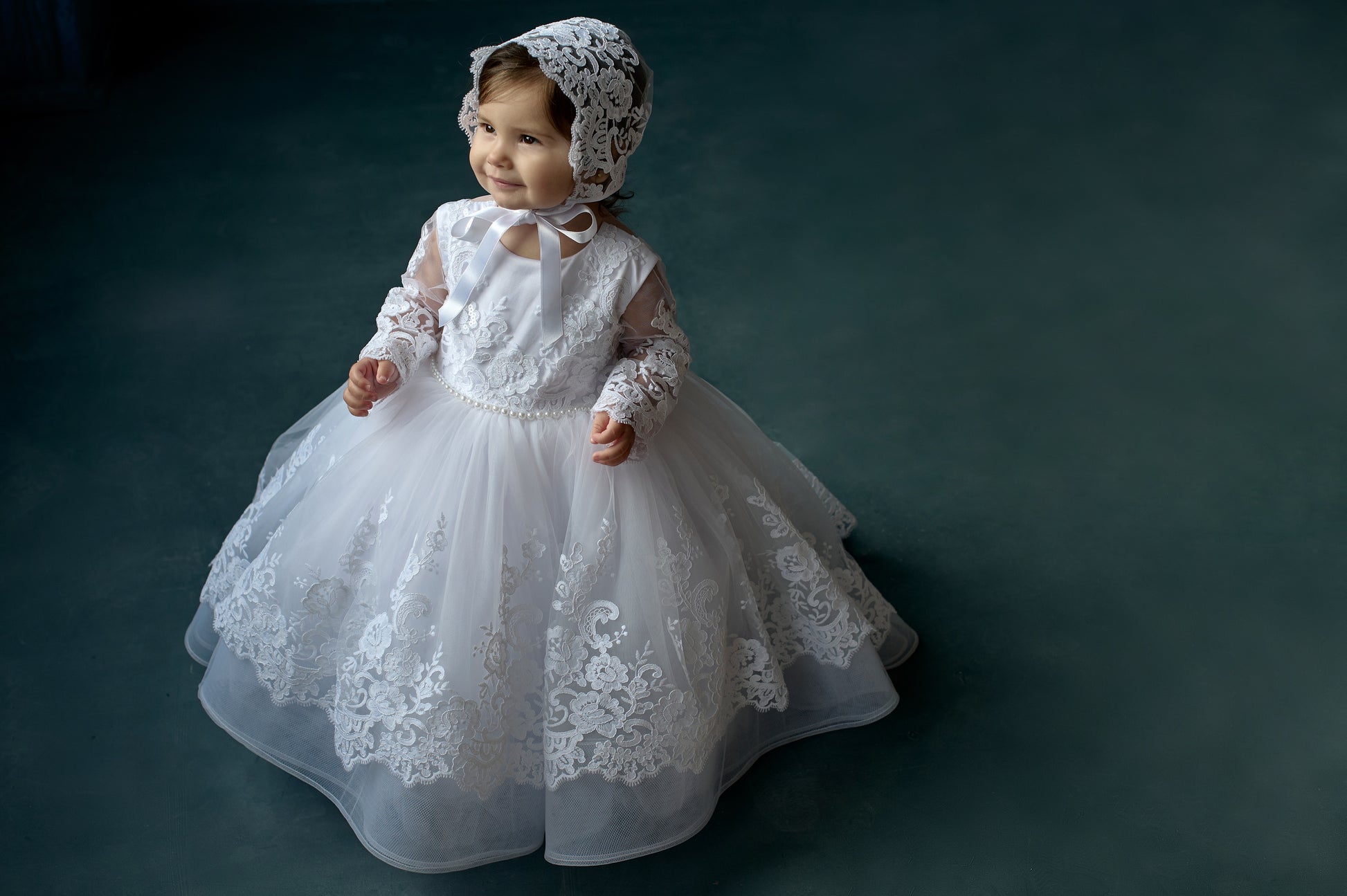 White toddler baptism dress with lace and train – Yasya Baptism Dress