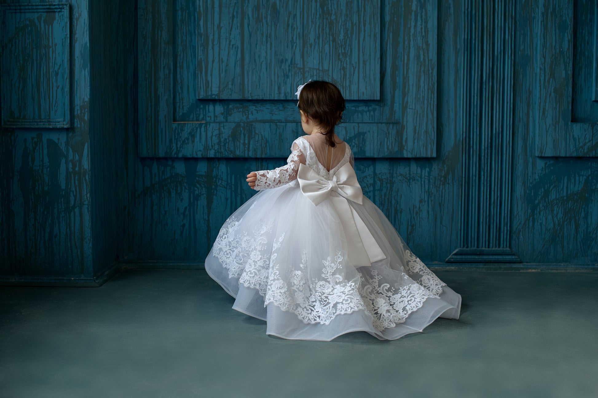 White toddler baptism dress with lace and train – Yasya Baptism Dress