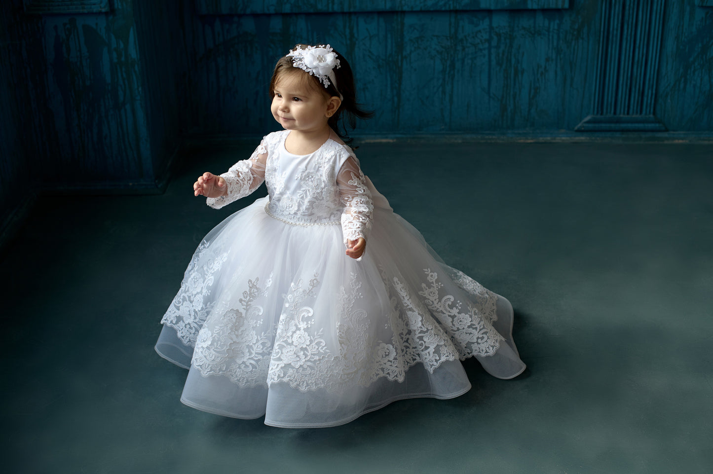 White toddler baptism dress with lace and train – Yasya Baptism Dress