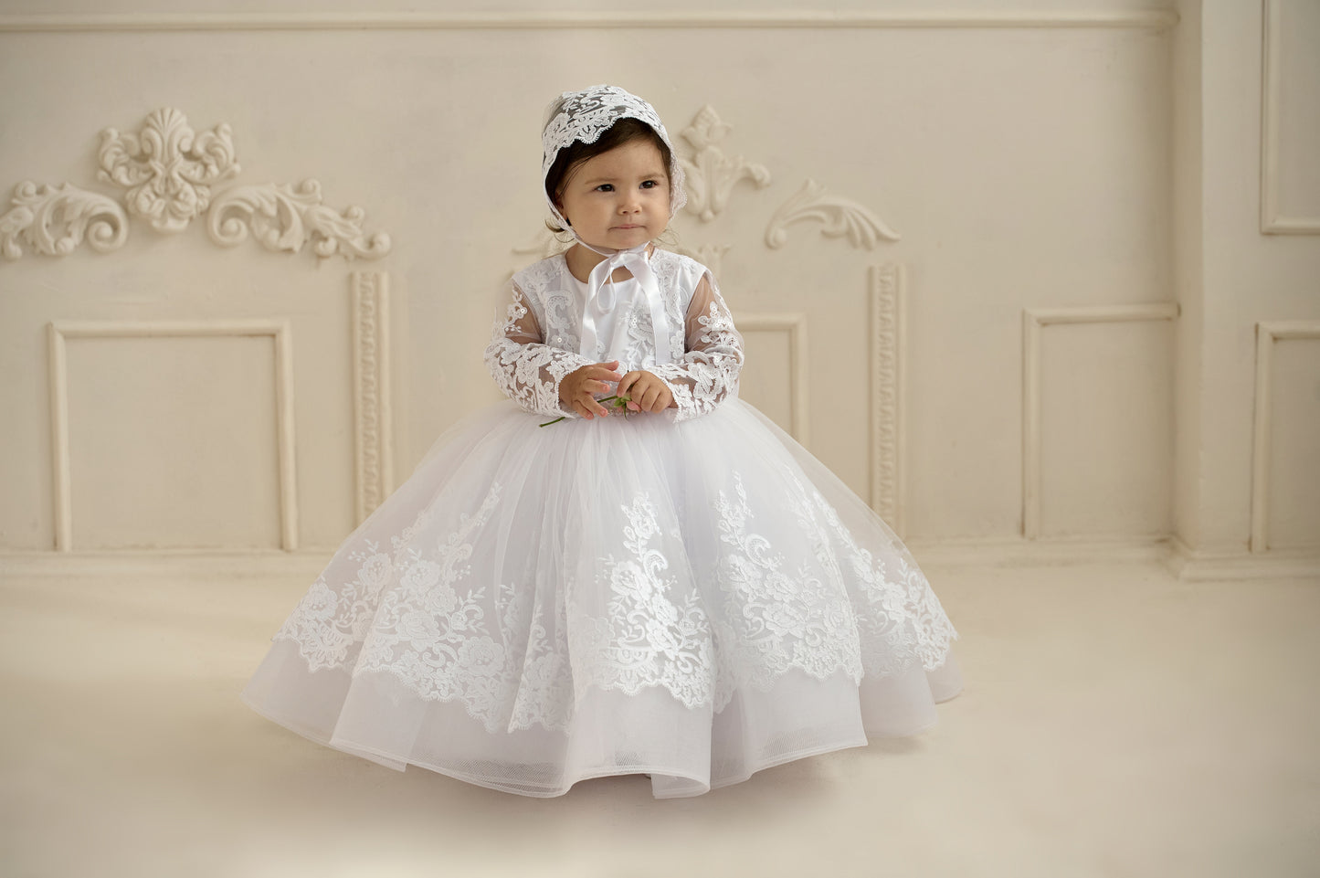 White toddler baptism dress with lace and train – Yasya Baptism Dress