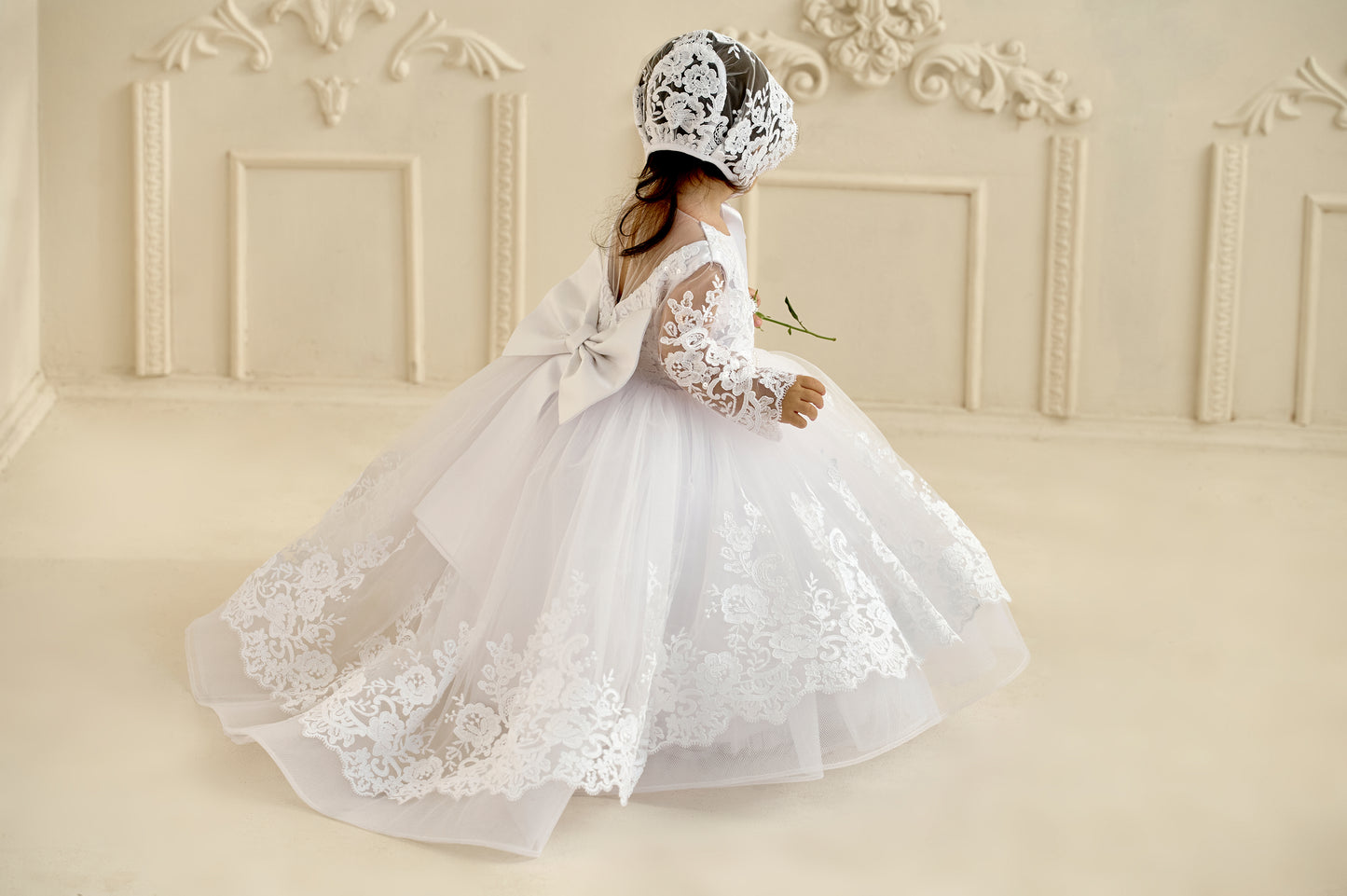 White toddler baptism dress with lace and train – Yasya Baptism Dress