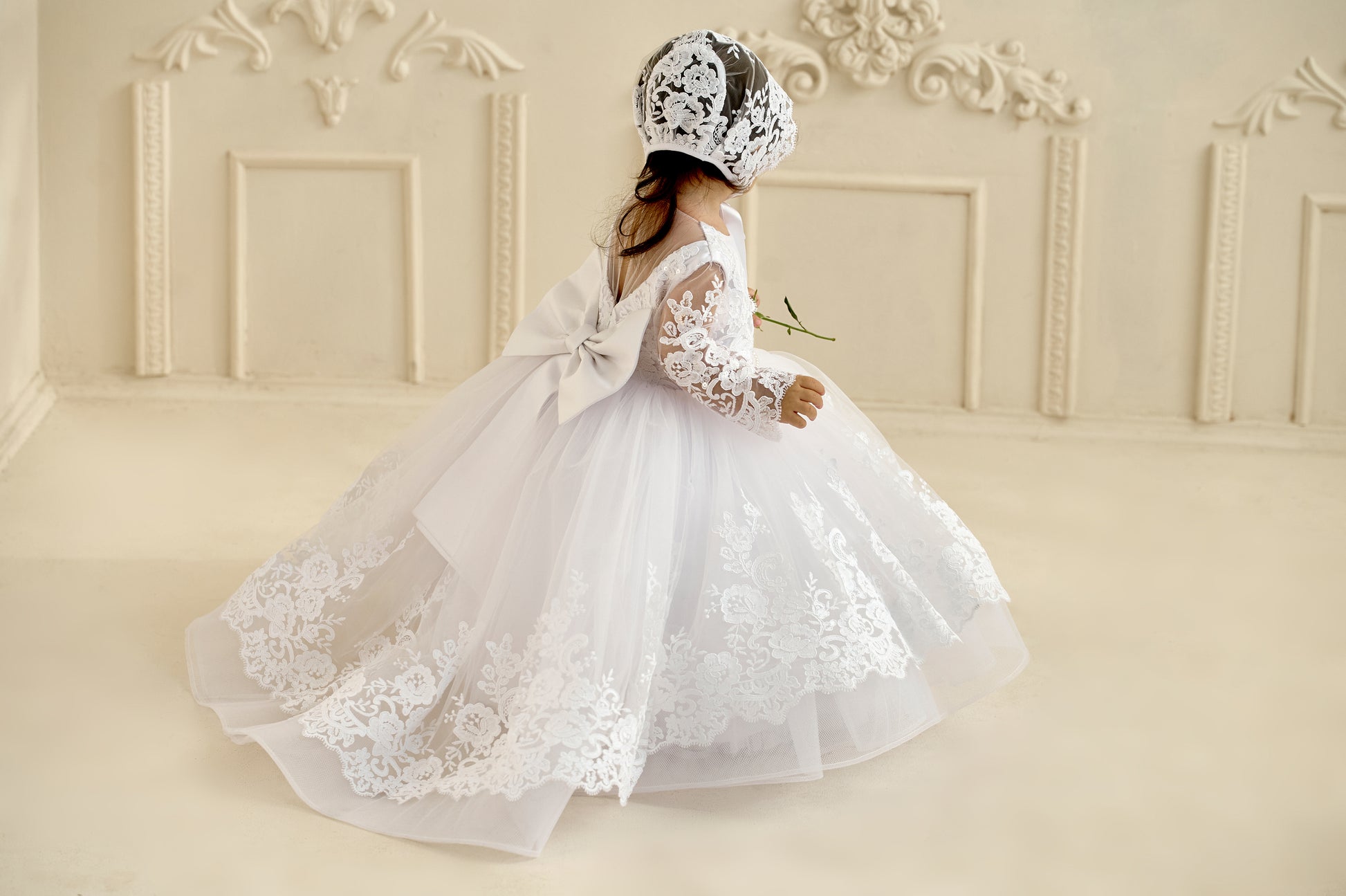 White toddler baptism dress with lace and train – Yasya Baptism Dress