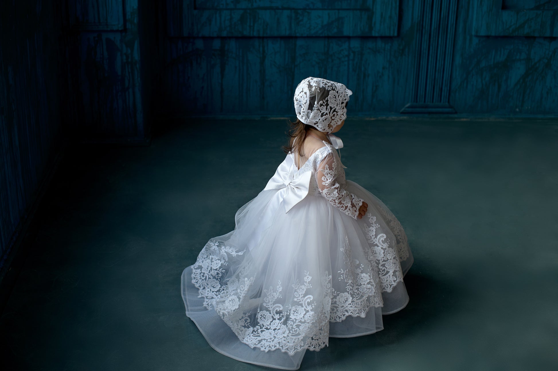 White toddler baptism dress with lace and train – Yasya Baptism Dress